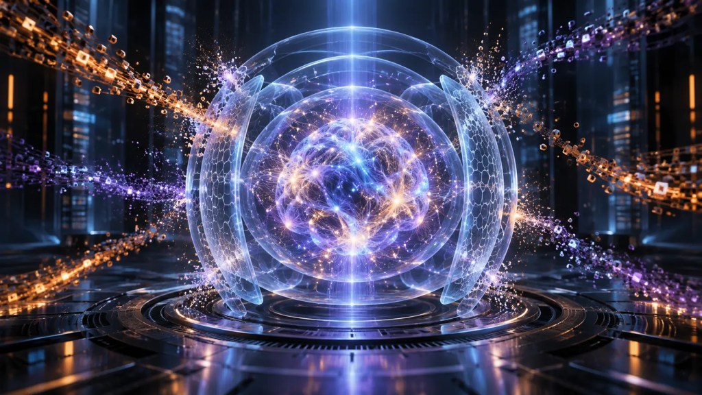 Ilustración conceptual de un núcleo de inteligencia artificial protegido por capas transparentes que bloquean flujos de datos