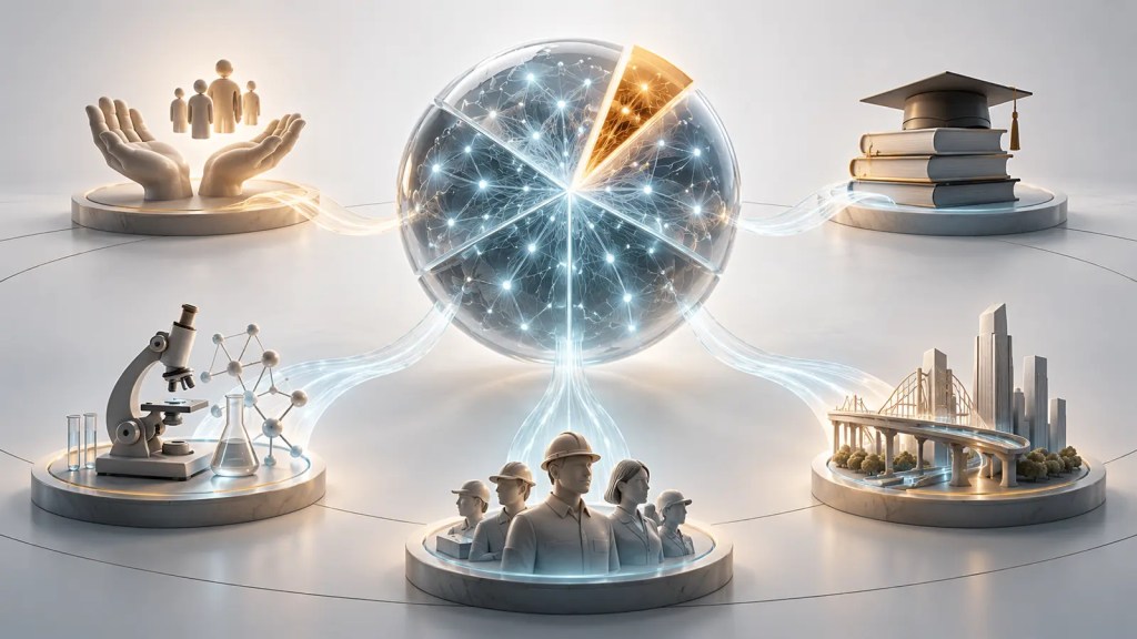 Ilustración conceptual de una red de inteligencia artificial que distribuye recursos hacia educación, ciencia, trabajadores e infraestructuras públicas
