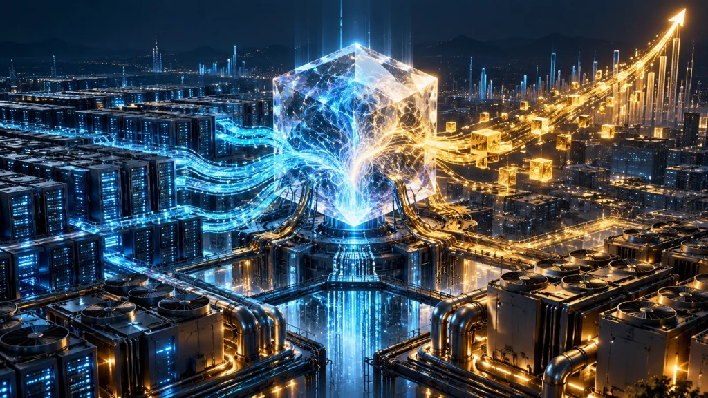 Ilustración conceptual de un núcleo de inteligencia artificial conectado a centros de datos, con flujos azules y dorados que representan costes e ingresos