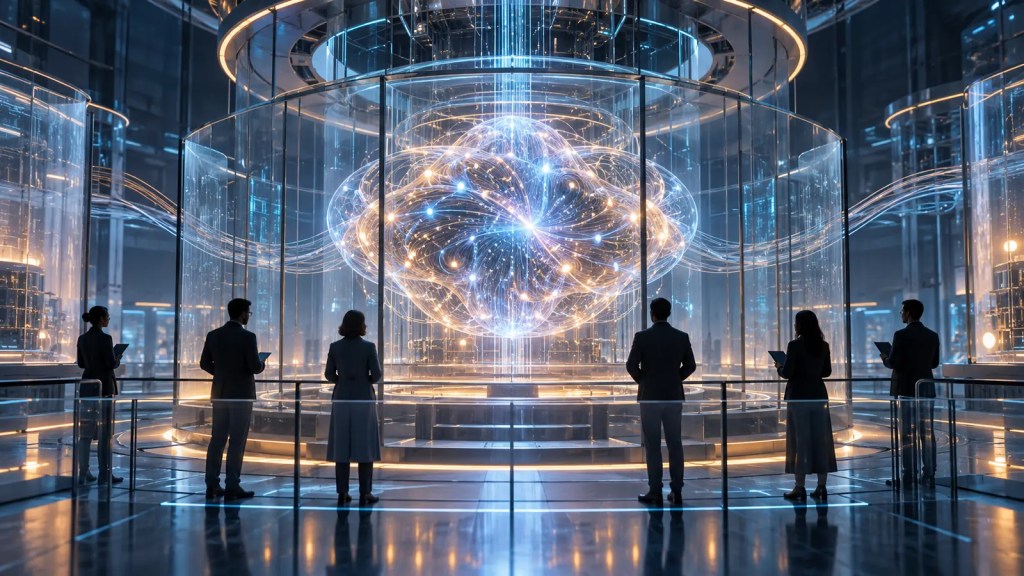 Ilustración de seis evaluadores independientes observando un núcleo de inteligencia artificial protegido por capas de seguridad