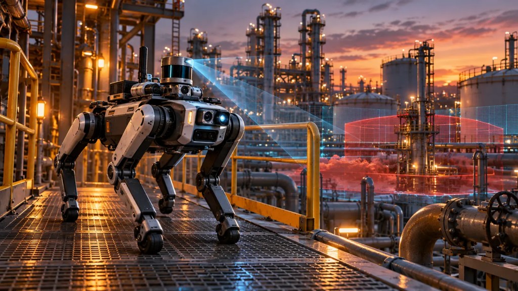 Ilustración editorial de un robot cuadrúpedo con sensores inspeccionando una planta industrial