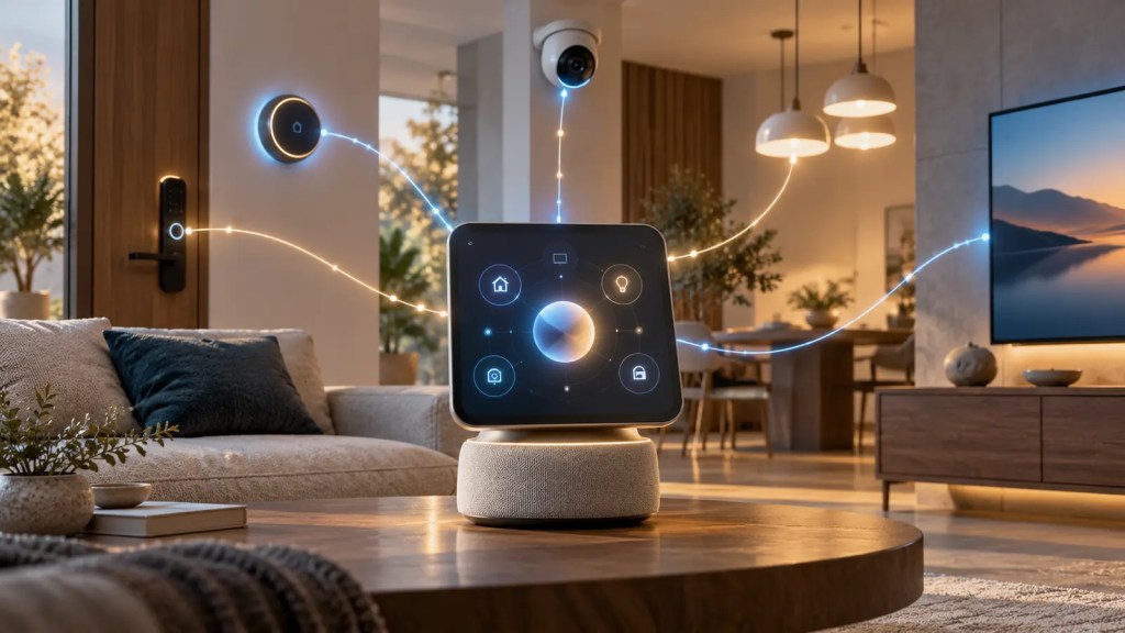 Ilustración editorial de un centro doméstico con inteligencia artificial conectado a luces, cerradura, cámara y televisor