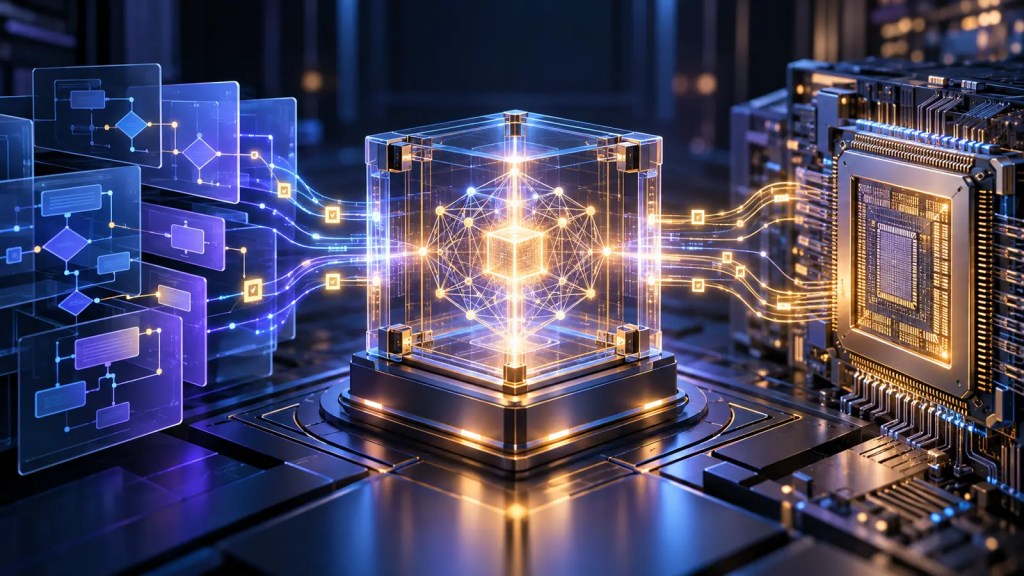 Ilustración conceptual de verificación formal con IA aplicada a módulos de software y un chip