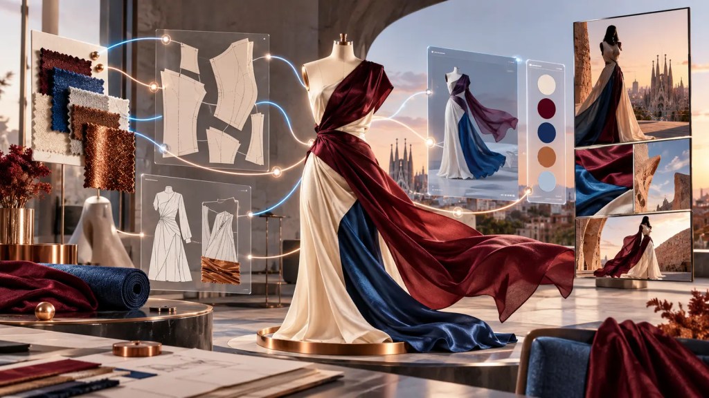 Ilustración editorial de un vestido conectado con tejidos, patrones y herramientas de IA