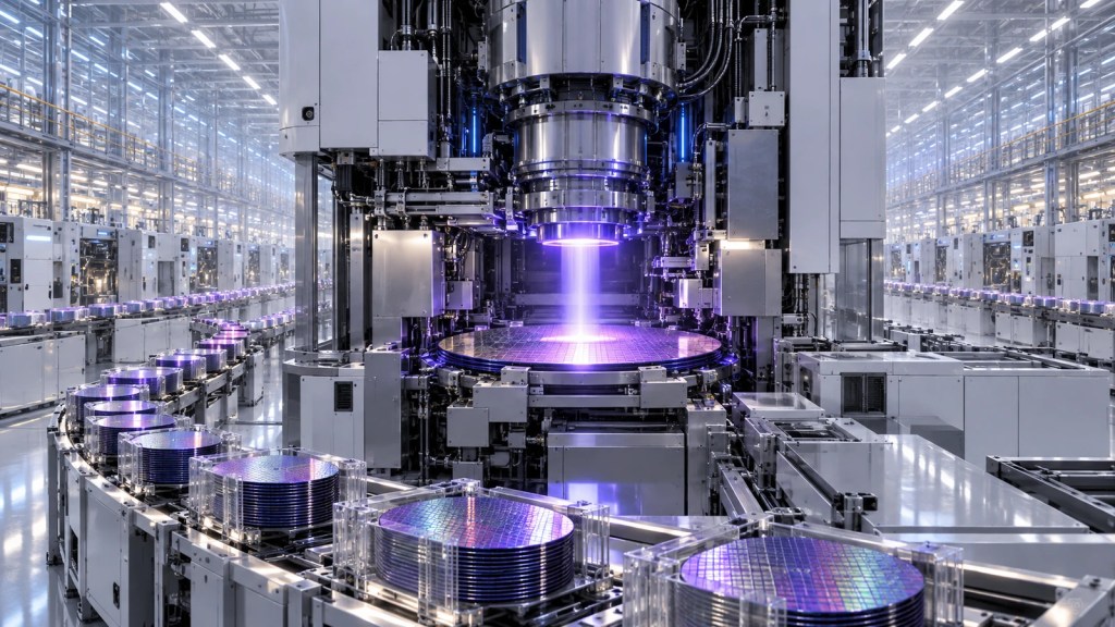 Ilustración editorial de una máquina de litografía procesando obleas para fabricar chips de inteligencia artificial