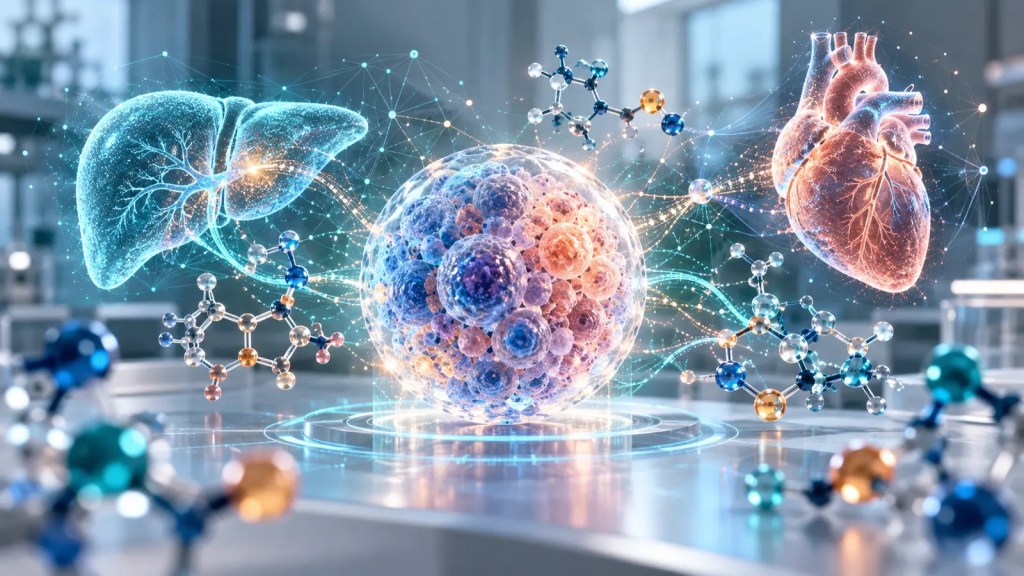 Ilustración conceptual de una célula conectada mediante datos con un hígado y un corazón en un laboratorio biomédico