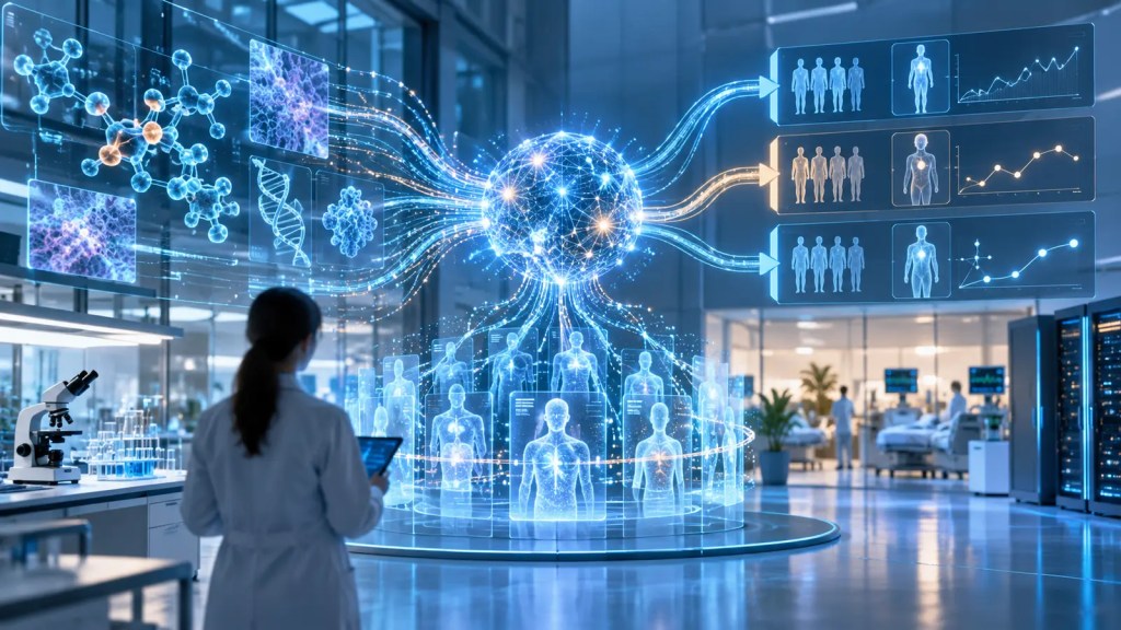 Ilustración de un sistema de inteligencia artificial conectando datos médicos anonimizados con procesos de investigación y ensayos clínicos