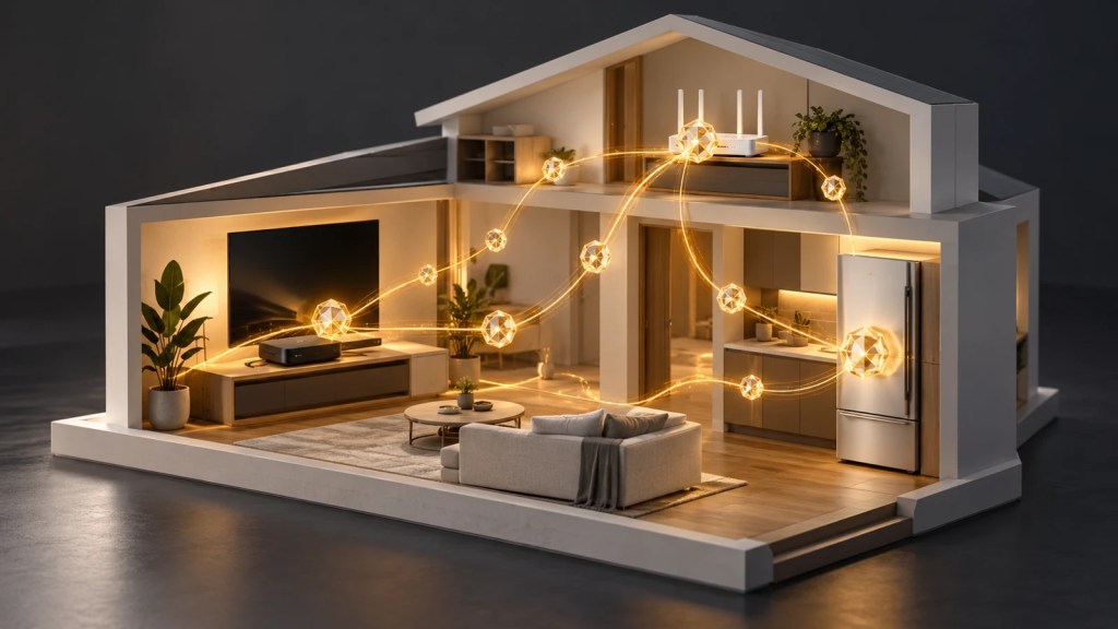 Ilustración conceptual de una casa con dispositivos conectados y nodos luminosos que simbolizan copias de software de inteligencia artificial.