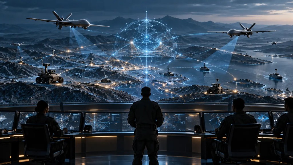Ilustración conceptual de drones y robots autónomos coordinados por una red de inteligencia artificial desde un centro de mando