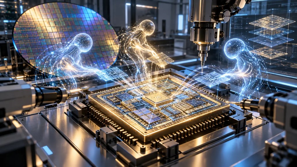 Ilustración conceptual de agentes de inteligencia artificial colaborando en el diseño de un microchip