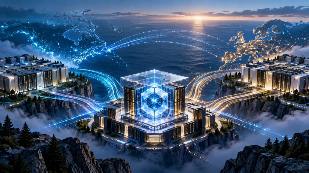 Ilustración editorial de centros de datos conectados entre Canadá y Europa alrededor de un núcleo de inteligencia artificial
