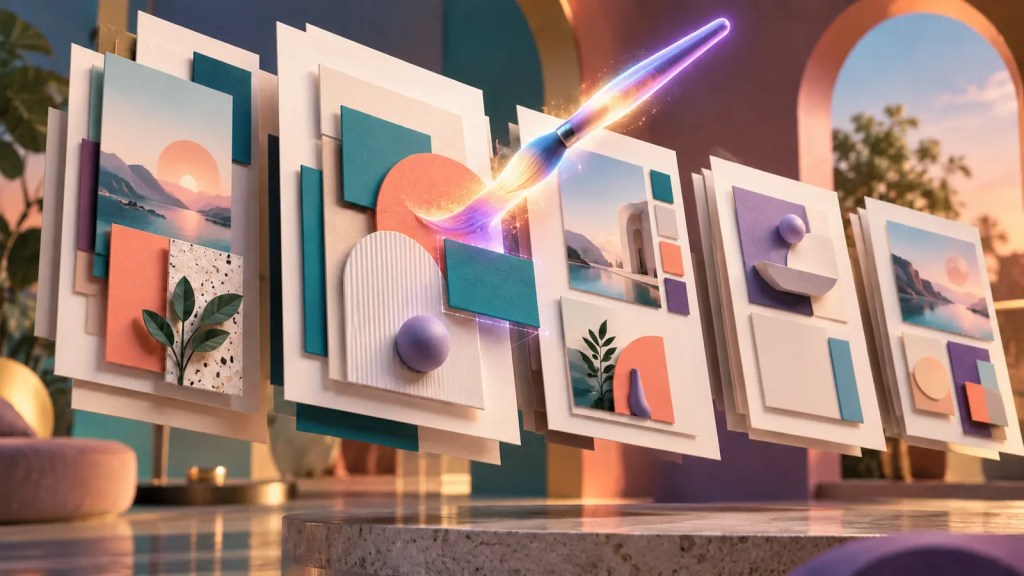 Ilustración conceptual de varias composiciones por capas que una brocha luminosa de inteligencia artificial reorganiza y transforma