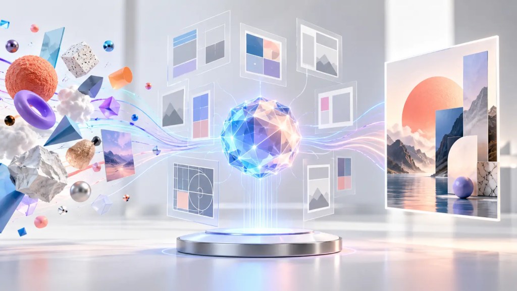 Ilustración editorial de un núcleo de inteligencia artificial que organiza capas visuales y formatos de diseño