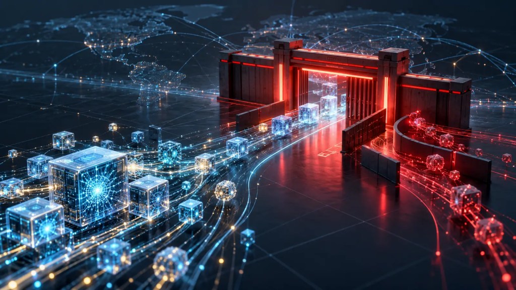 Ilustración editorial de bloques de computación y flujos de datos atravesando un control tecnológico rojo sobre una red global