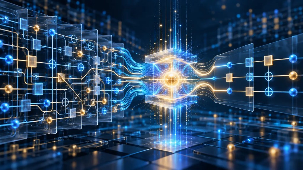 Ilustración abstracta de un circuito cuántico luminoso que converge en una arquitectura central optimizada por inteligencia artificial