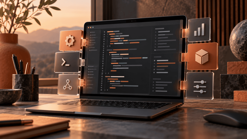 Ilustración conceptual de un portátil con módulos de software que representan la personalización de Claude Code