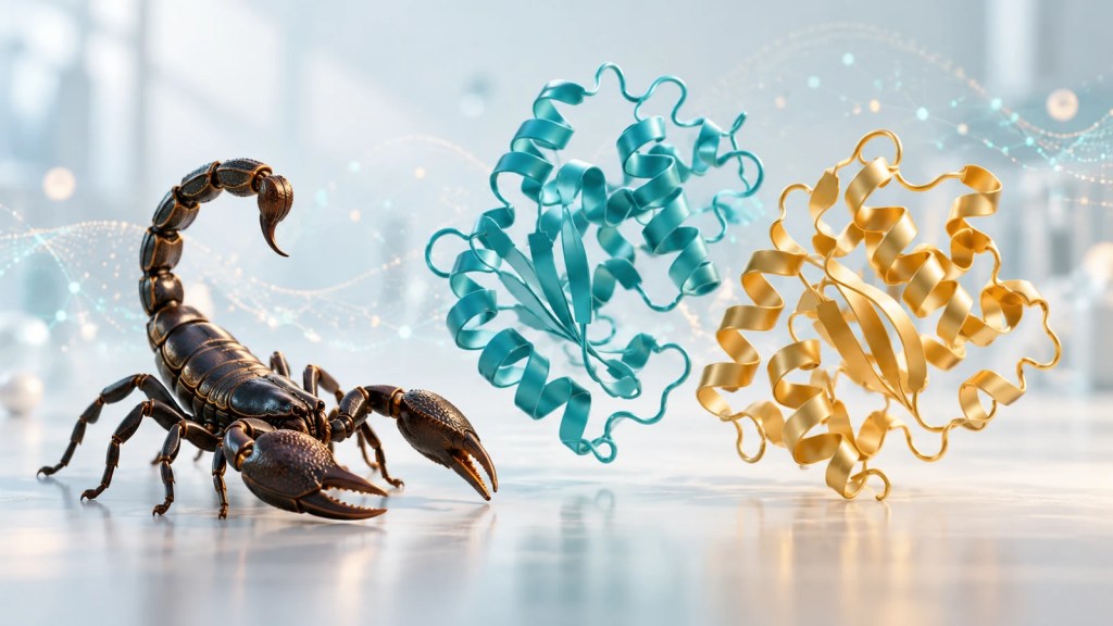Ilustración conceptual de un escorpión junto a dos formas abstractas de proteínas