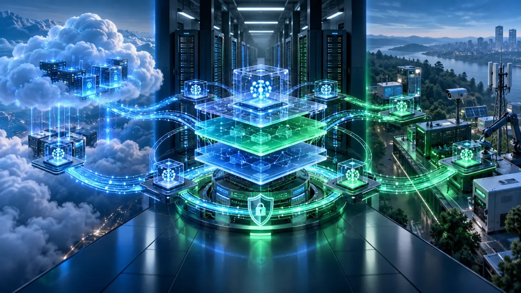 Ilustración conceptual de una arquitectura de IA empresarial conectada entre nube, centro de datos y sistemas en el borde