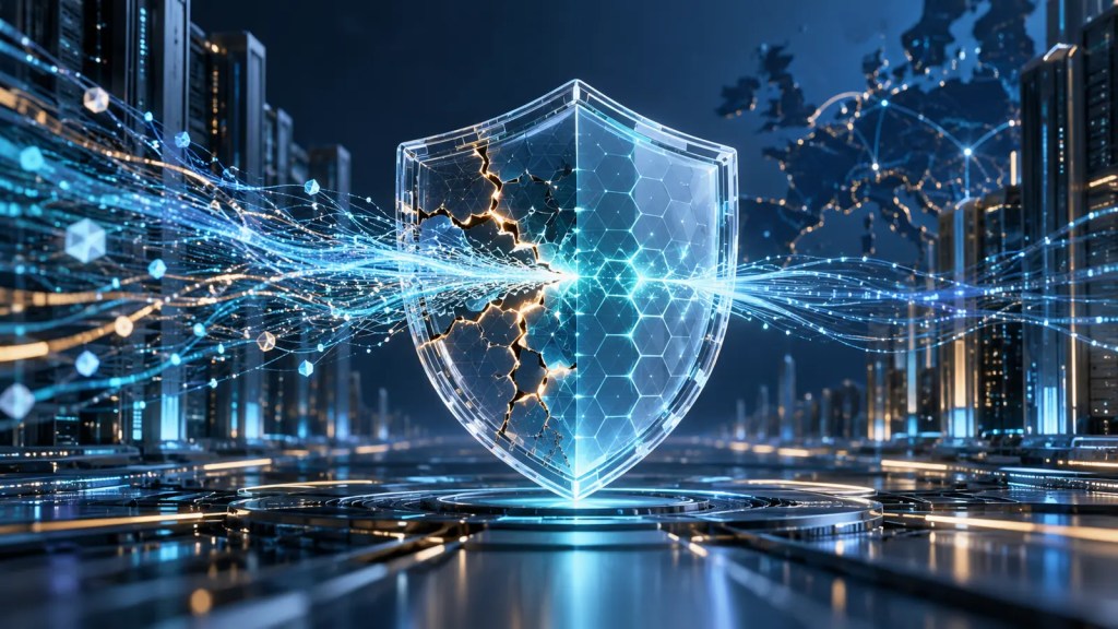 Escudo digital transparente sometido a un análisis de inteligencia artificial que localiza y sella vulnerabilidades en una red informática