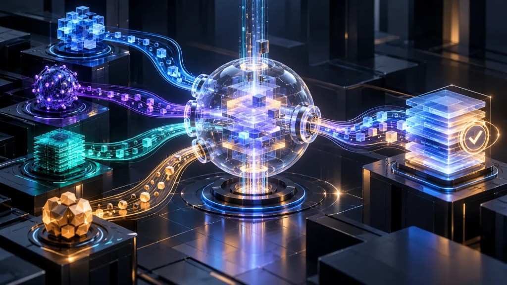 Ilustración editorial de un sistema central que distribuye una tarea de programación entre varios modelos de inteligencia artificial