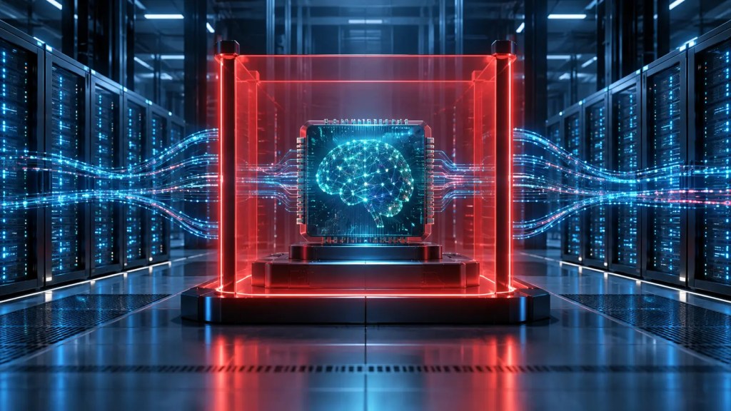 Ilustración conceptual de un procesador de inteligencia artificial aislado tras una barrera de seguridad en un centro de datos
