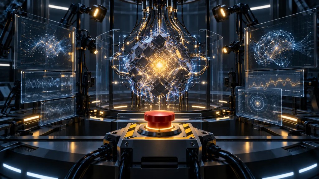 Ilustración conceptual de un núcleo de inteligencia artificial sometido a pruebas frente a un botón de apagado