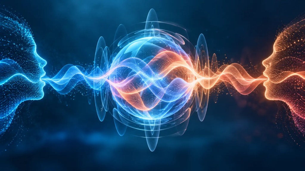Ilustración conceptual de dos voces que se cruzan en un núcleo de ondas sonoras, representación de una IA de conversación en tiempo real