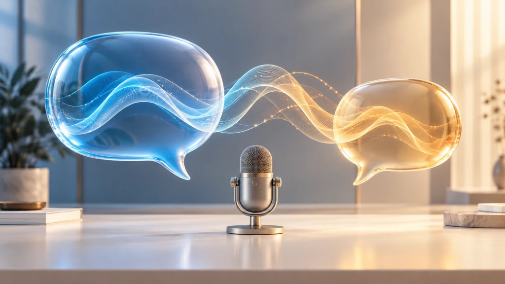 Ilustración conceptual de dos bocadillos de conversación conectados por ondas de sonido sobre un micrófono.