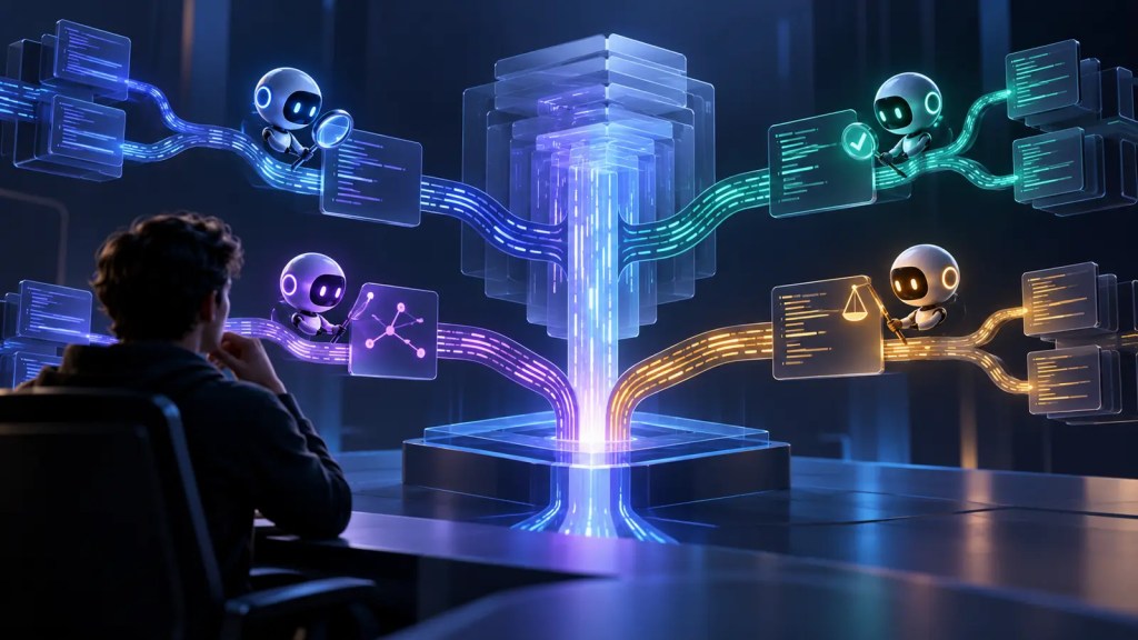 Ilustración conceptual de una persona supervisando varios agentes de IA que revisan y fusionan flujos de código