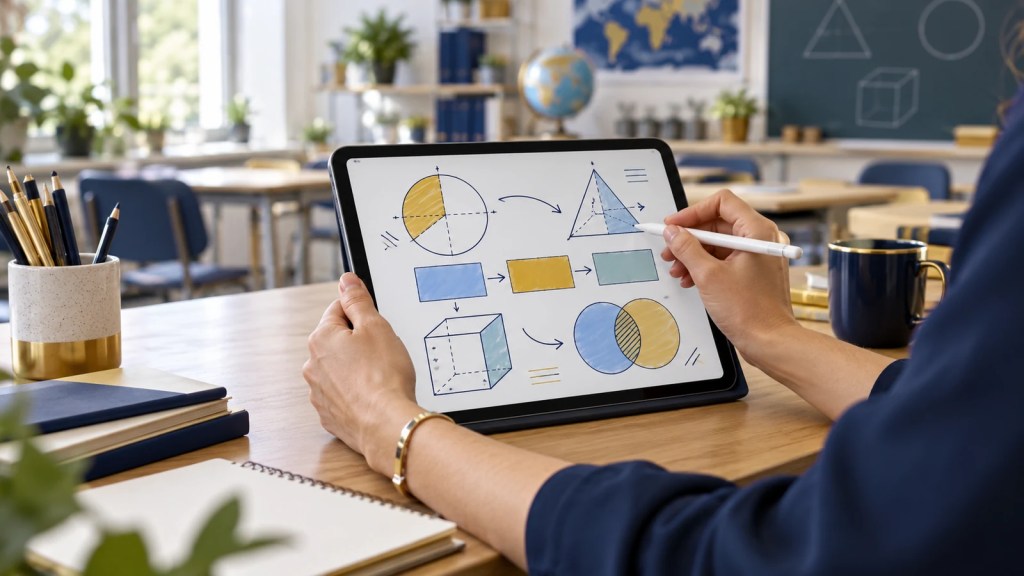 Docente con lápiz digital trabajando en una pizarra de aprendizaje en una tableta