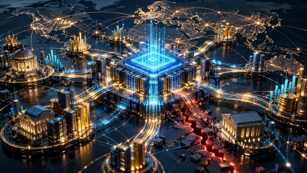 Ilustración conceptual de una infraestructura mundial de inteligencia artificial conectada a mercados financieros, con una fractura que simboliza el riesgo sistémico