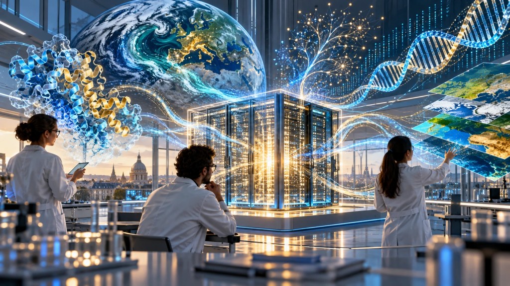 Ilustración conceptual de investigadores europeos ante un núcleo de computación con visualizaciones de proteínas, clima, genómica y observación terrestre
