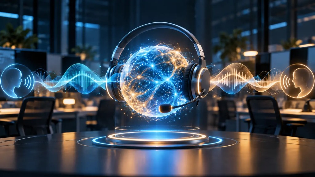 Ilustración editorial de un asistente de voz con auriculares, ondas de audio y un núcleo de inteligencia artificial