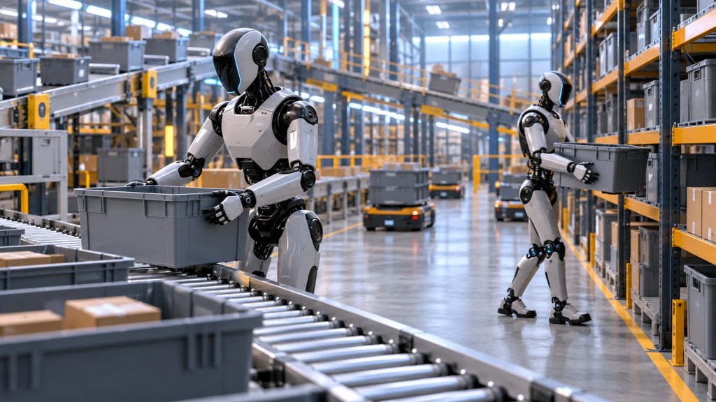 Ilustración conceptual de robots humanoides moviendo contenedores en un almacén automatizado