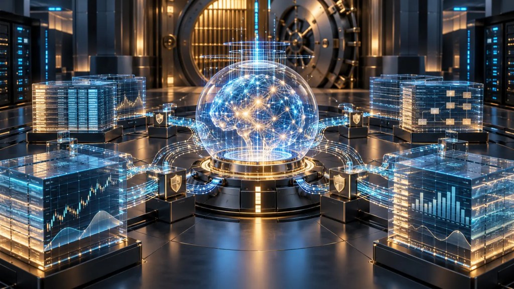 Ilustración conceptual de un núcleo de inteligencia artificial conectado a datos financieros dentro de una infraestructura bancaria segura