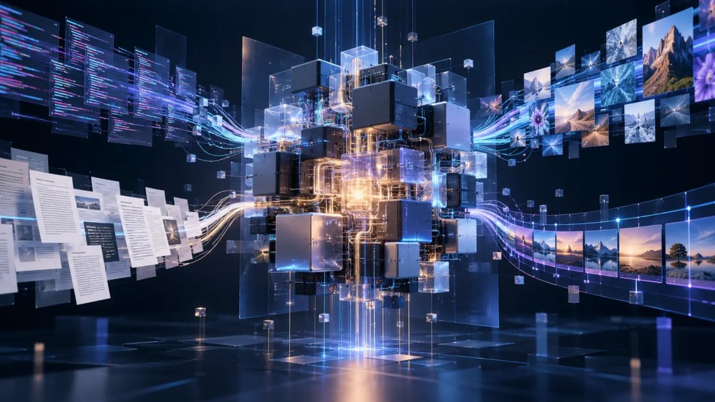 Ilustración abstracta de un núcleo de inteligencia artificial que conecta código, documentos e imágenes