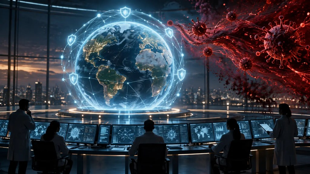 Ilustración conceptual de un planeta protegido frente a amenazas biológicas generadas con inteligencia artificial