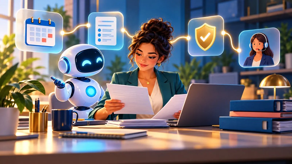 Ilustración editorial de una empresaria que revisa documentos con ayuda de un asistente de inteligencia artificial