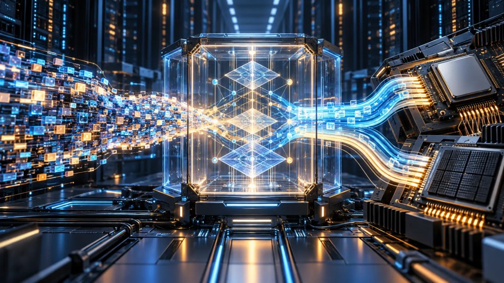 Ilustración conceptual de código que atraviesa un sistema de verificación y se adapta a chips de CPU y GPU