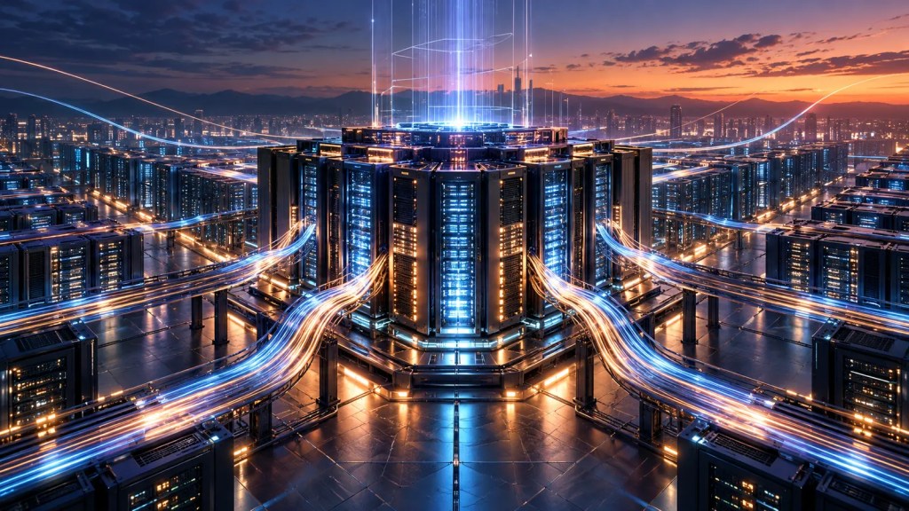 Ilustración editorial de un gran centro de datos que recibe flujos luminosos de inversión hacia un núcleo de computación de IA