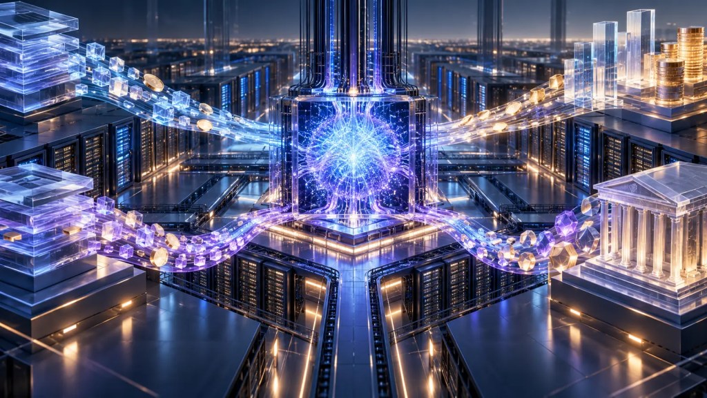 Ilustración conceptual de flujos de capital hacia un núcleo de inteligencia artificial y centros de datos
