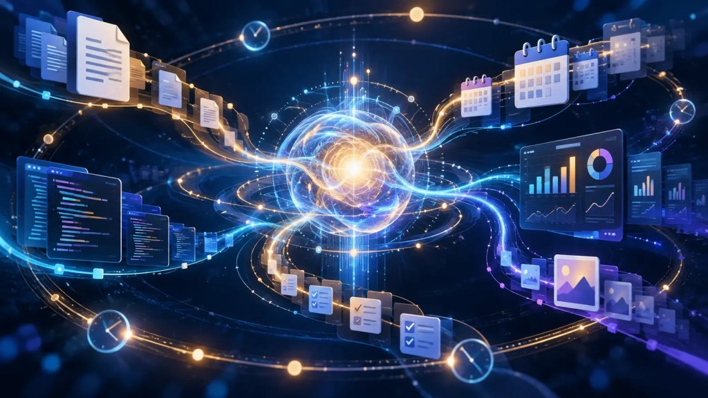 Ilustración abstracta de un agente de inteligencia artificial que conecta documentos, código, calendarios y análisis a lo largo del tiempo