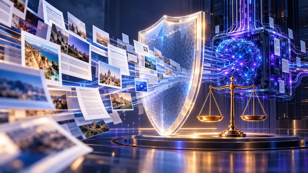 Ilustración conceptual de contenidos web protegidos por un escudo regulatorio frente a un sistema de inteligencia artificial