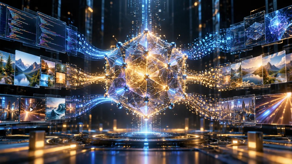 Ilustración conceptual de un núcleo de inteligencia artificial procesando código, imágenes y vídeo en flujos azules y dorados