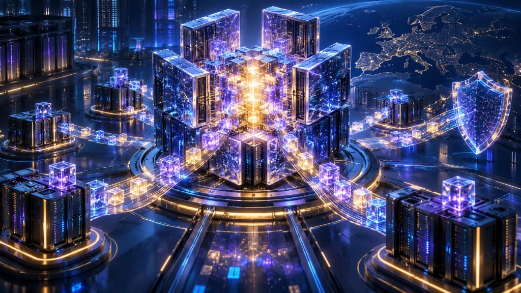 Ilustración editorial de un gran modelo de inteligencia artificial que distribuye sus pesos hacia servidores europeos protegidos