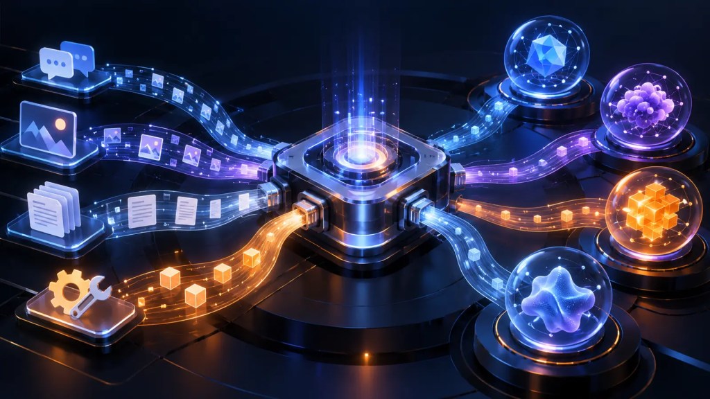Ilustración conceptual de una interfaz que conecta mensajes, documentos y herramientas con varios modelos de inteligencia artificial