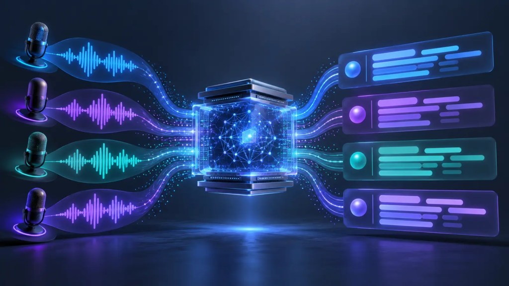 Ilustración editorial de ondas de voz que una inteligencia artificial convierte en transcripciones separadas por hablante