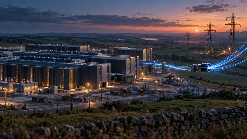 Ilustración conceptual de un centro de datos de inteligencia artificial junto a torres eléctricas, con una conexión de energía que se interrumpe
