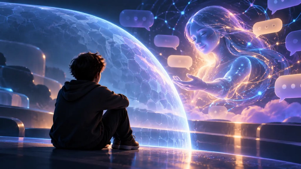 Ilustración editorial de un adolescente protegido por una barrera frente a un asistente de inteligencia artificial