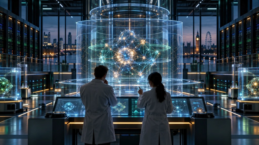 Laboratorio de investigación con servidores y un agente de IA representado dentro de capas transparentes de seguridad